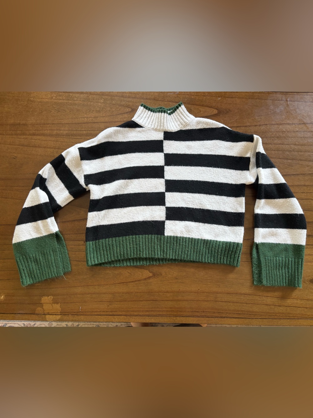 William Rast Black and White Striped Mock Neck Sweater with Green Trim